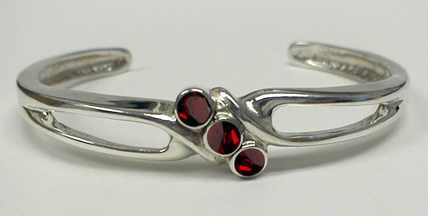 Sterling Silver 3 Stone Cuff Bracelet With Faceted Garnet